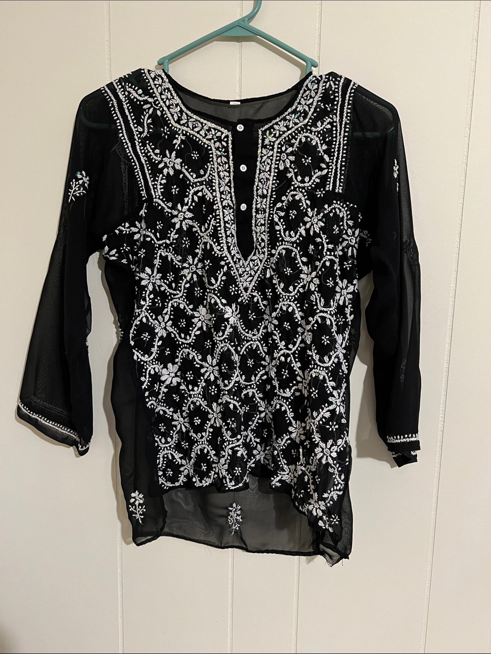 Black Sheer Embroidered Women's Tunic Top - Black & White